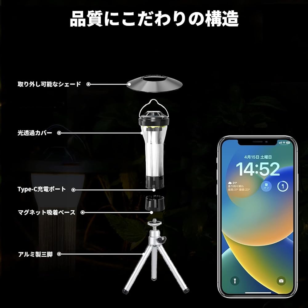 Yokatta LED Lantern, Camping Lantern, 3,000 mAh, Mini Lantern, Only 3.2 oz (90 g), Rechargeable, 4 Lighting Modes, High Brightness (185-375 LM Adjustable), IP45 Waterproof and Dustproof, Metal Tripod,