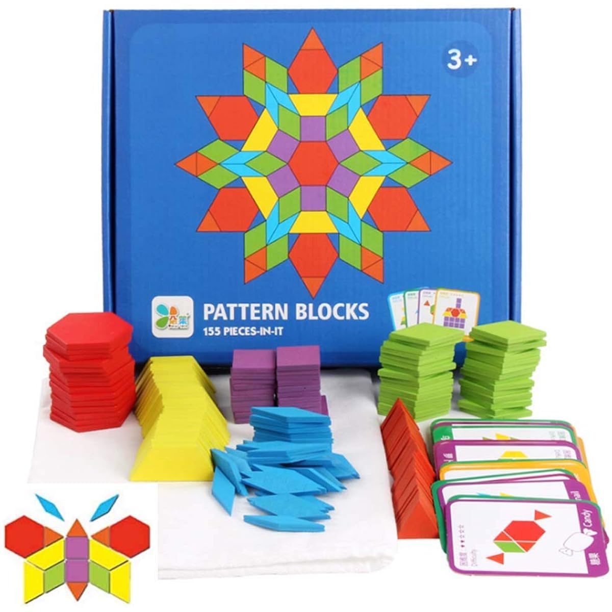 JCREN Wooden Pattern Blocks Montessori Toys Shape Puzzle Preschool Classic Educational Tangram Geometric Brain Teaser Toys for 4-8 Years Old Best Gift for Kids with 24 Design Cards