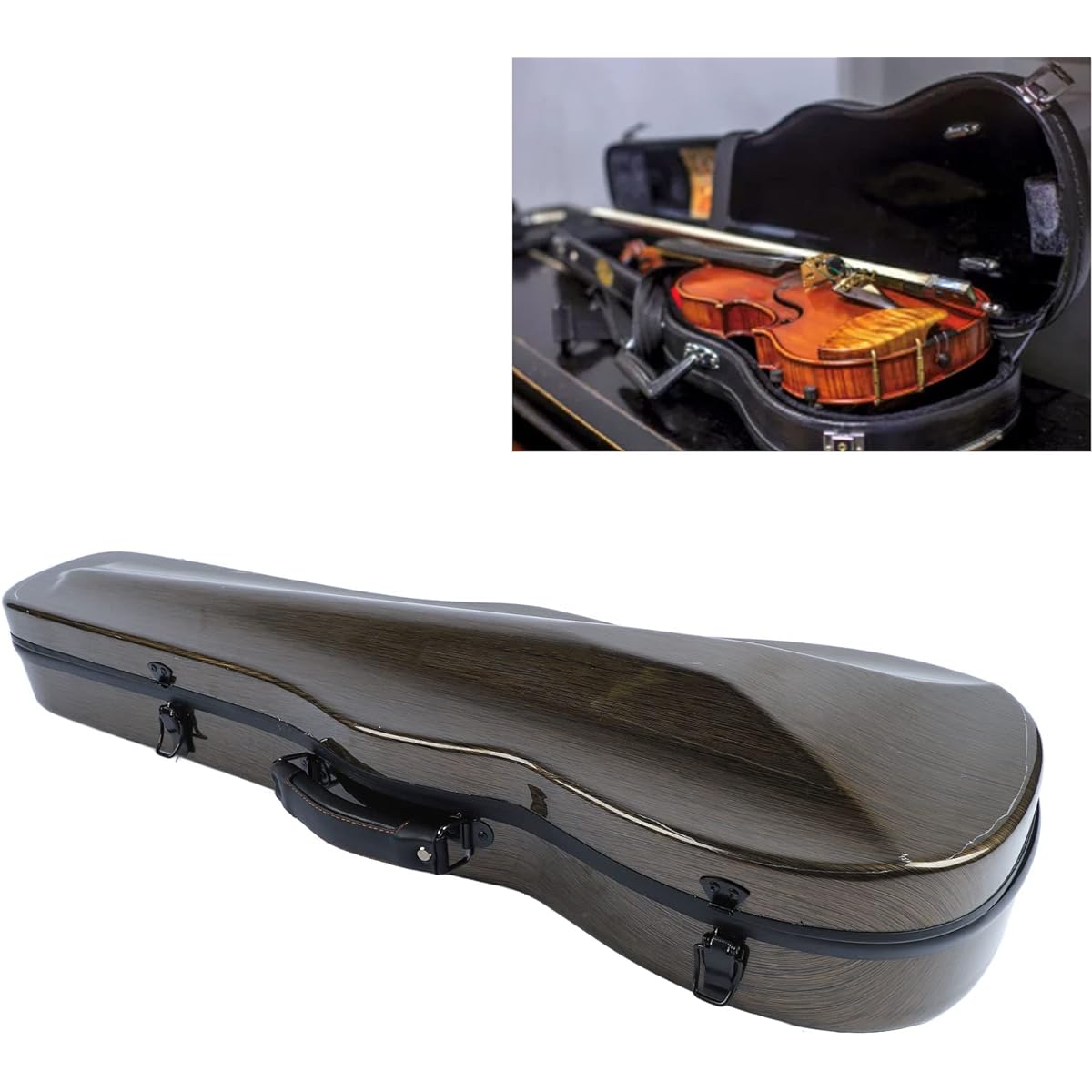Violin Box, Carbon Fiber Lightweight Portable Hard Violin Case with Replacement Hygrometer Strap, 4/4 Full Size Carbon Fiber Violin Box (Coffee)