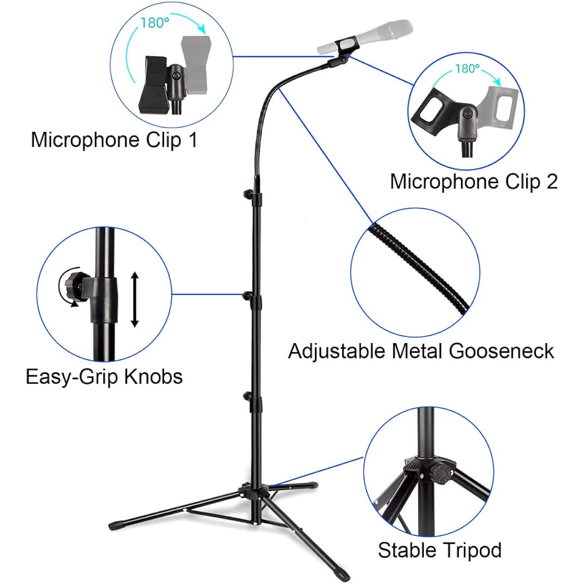 VonSom Microphone Stand Microphone Tripod Height Adjustable Up to 72"/183cm Gooseneck Microphone Stand Tripod with Carry Bag Microphone Clip with Cell Phone Holder Black