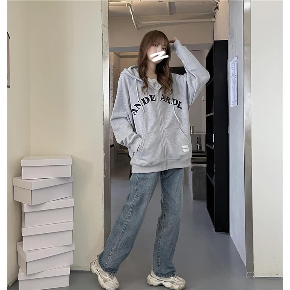 [bluefeel] Zip-up hoodie for women, street style, with pockets, hooded sweatshirt, stylish, big silhouette, drop shoulder, body cover, stylish top, loose, large size, plain, printed