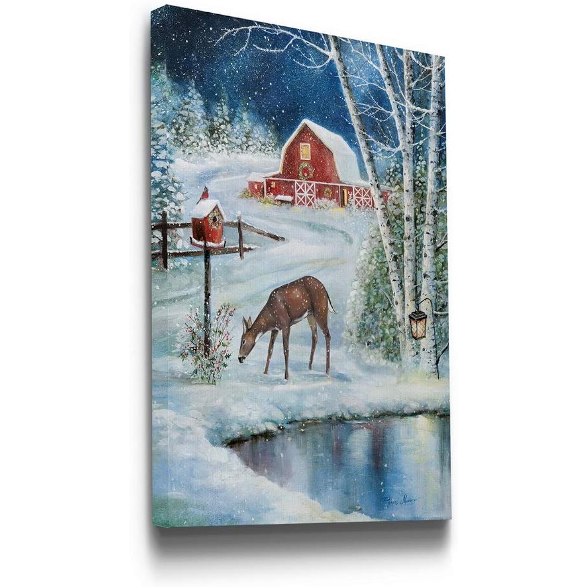Renditions Gallery Grazing Deer Wall Art Christmas Decor Beautiful Countryside Snow Covered Red Barn Decor Premium Gallery Wrapped Canvas Decor Ready to Hang 12" H x 18" W Made in the USA (WC08-19649-1218)
