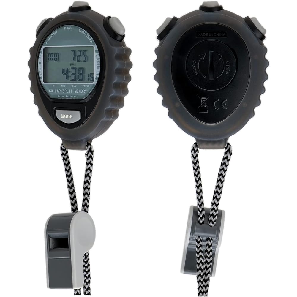 CREPHA Stopwatch, Silent, Waterproof, with Clock Function, Countdown Timer, Lap Time, Split Time Measurement, Strap Included, Black