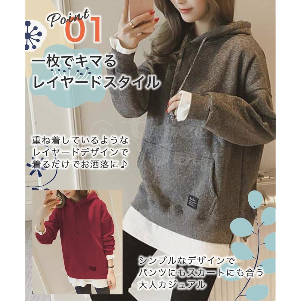[three Joy] [Limited stock] Hooded hoodie, brushed lining, fake hoodie, sweatshirt, pullover, with front pocket, women's S-XL