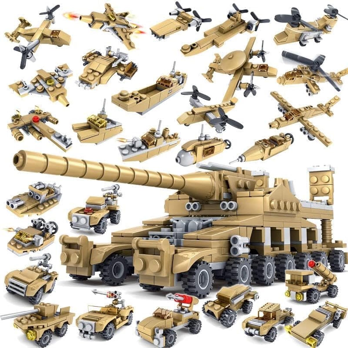 ENHANA 16 in 1 Building Blocks Army Tank Mammoth Tank Building Toy Set Tactical Vehicles Military Tank Truck Aircraft Helicopter Boat Submarine Missile Truck Building Block Set