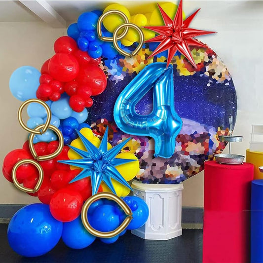 136pcs Red Blue Yellow Balloon Garland Arch Kit with Starburst Balloons and Number 4 Balloons Cartoon Hedgehog Carnival Circus Theme Kids 4th Birthday Party Decorations