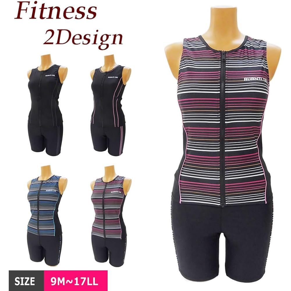 [AQUAFAIRY] Swimsuit, Women's, Fitness, Separate, Body Covering, Sleeveless, Zipper, Large Size, Women's Top and Bottom Set