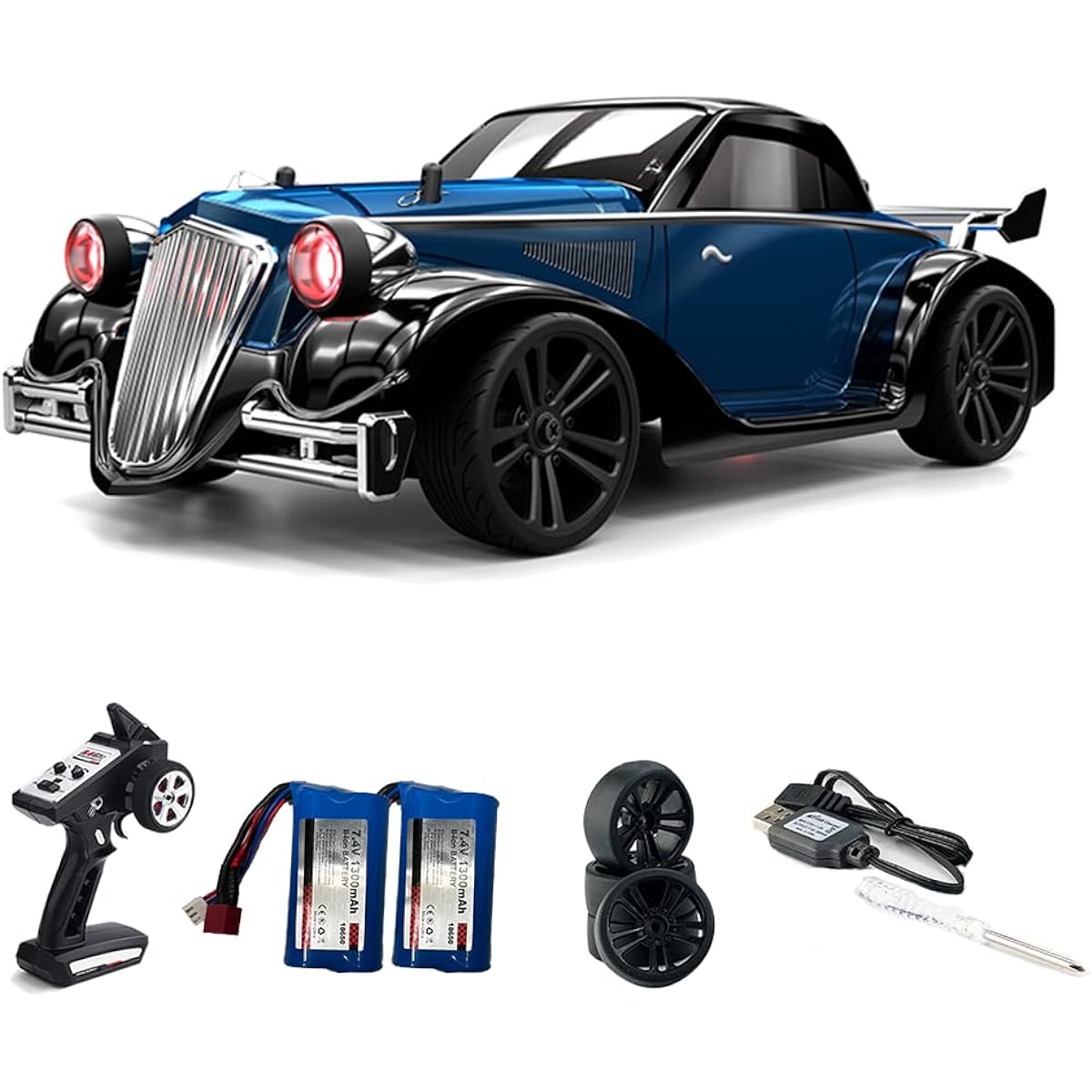 XCRCFUN RC Drift Car Classic 1/16 4WD Racing Car 35KM/H High Speed Drift Car with LED Light, 4 Speed Tires, 4 Drift Tires, 2 Batteries, Gift for Kids and Adults