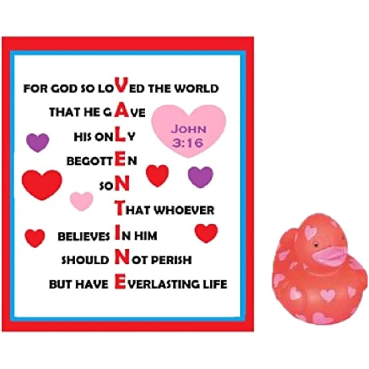 John 3:16 Bible Verse Valentines from God Red Heart Valentine Exchange Cards for Kids with Mini Heart Ducks Christian Religion Classroom Mini Valentine Rubber Ducks Set of 24