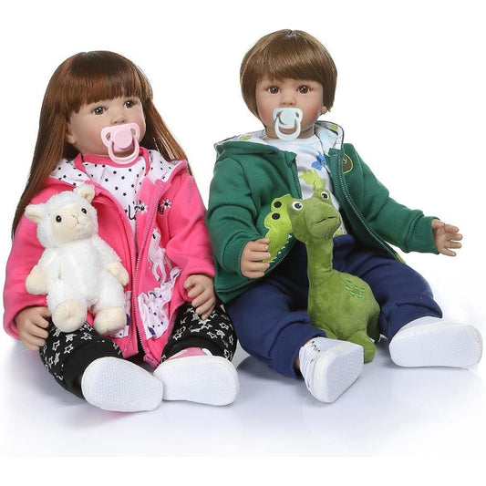 Angelbaby Reborn Baby Doll Toddler Twins Boy Girl Realistic Soft Silicone 24 Inch Brown Hair Newborn Kids Doll Toy Toddler Size Gift Set 2 Pieces