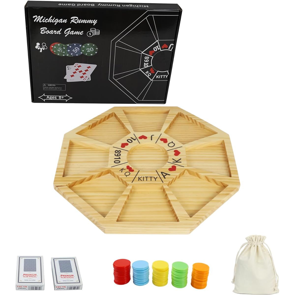Jyquorp Michigan Rummy Game Deluxe Set Royal Game of Hearts Rummy Poker Wooden Tripoli Board Game Betting Bluff Game Classic Family Card Game for 100 Chips