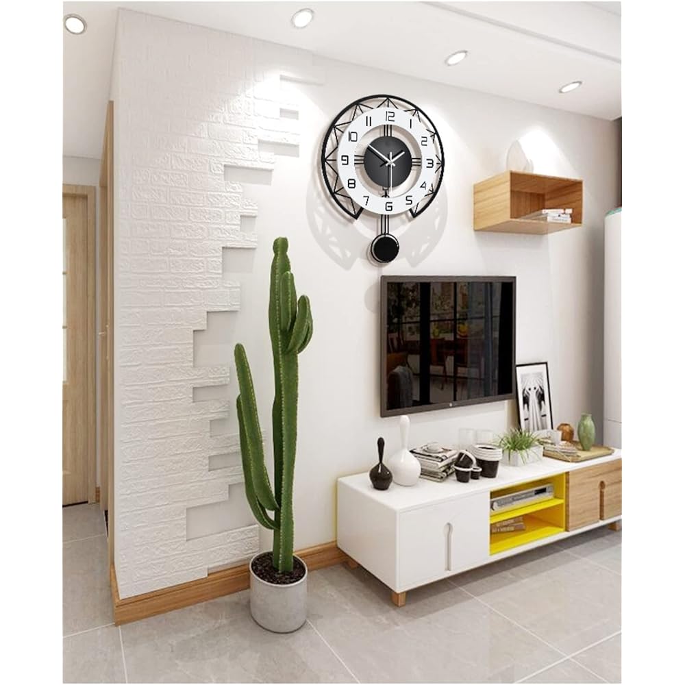 matakoko315 Luxury Large Wall Hanging Pendulum Wall Clock Antique Stylish Interior Easy to See Quiet Retro Scandinavian Black White Living Room Cool Clock Analog Wall Clock Round 36.5W x 45H cm