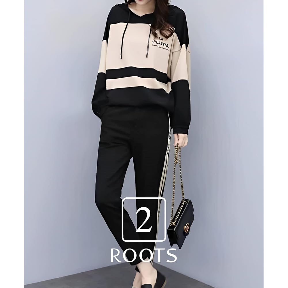 [Second Roots] 2 Piece Set Top and Bottom Setup Sweatshirt Sweatshirt Jersey Bicolor Hooded Parka Pants Room Wear Loungewear Easy Spring Summer Fall Winter Women's 083S M~4XL