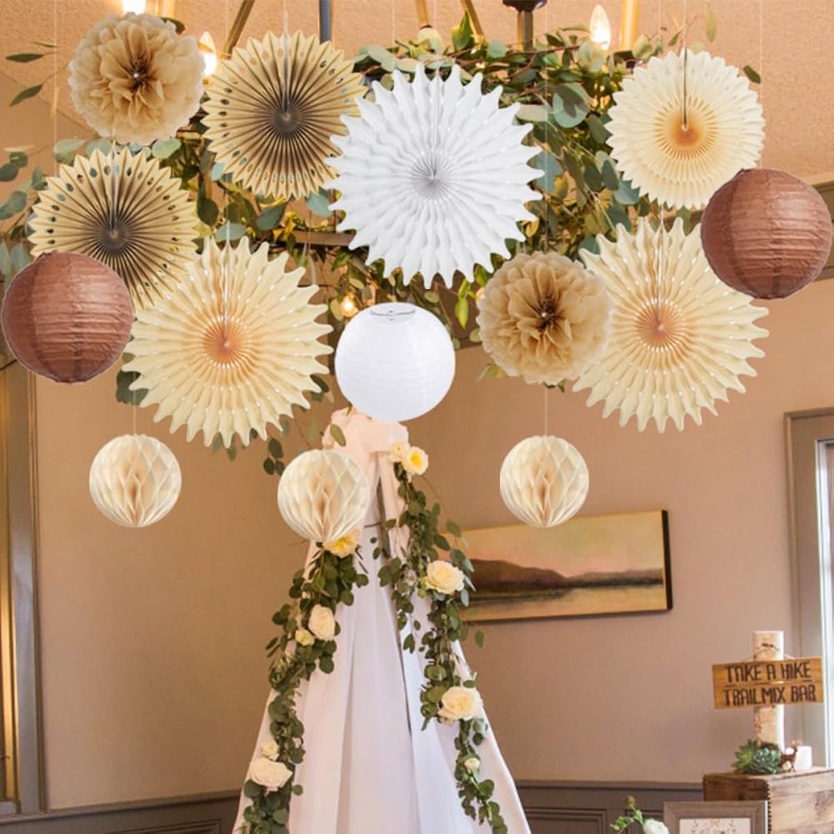 Brown Party Decorations Cream Tissue Paper Pom Poms Lantern Fan Party Decoration Natural Rustic Birthday Wedding Bridal Shower Decoration Kit