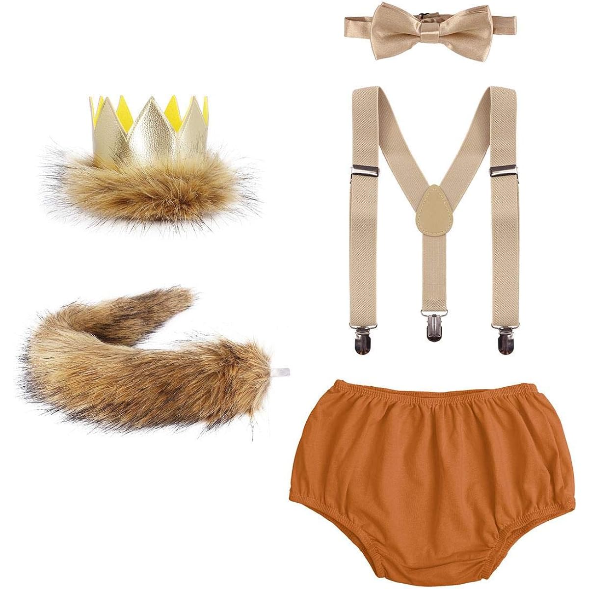 Baby Boy 1/2 Years Old Birthday Cake Smash Outfit Lion Wild One Crown Party Costume Shorts Bowtie Suspenders Tail 0-24 Months Brown 1