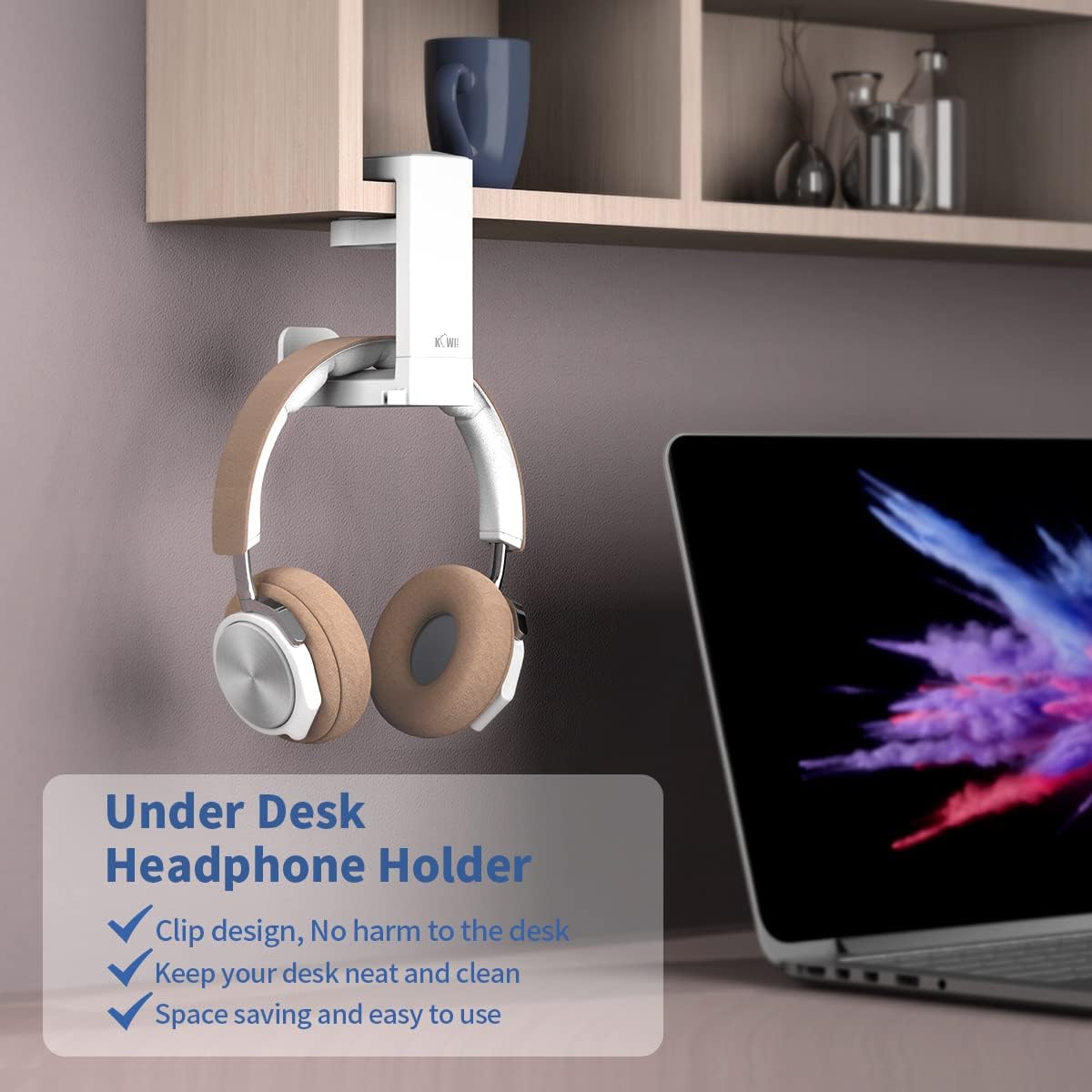 KIWIFOTOS Under Desk Headphone Stand Holder PC Gaming Headset Hook Hanger Mount with 360 Adjustable Swivel Arm Clamp & Built-in Cable Clip - White