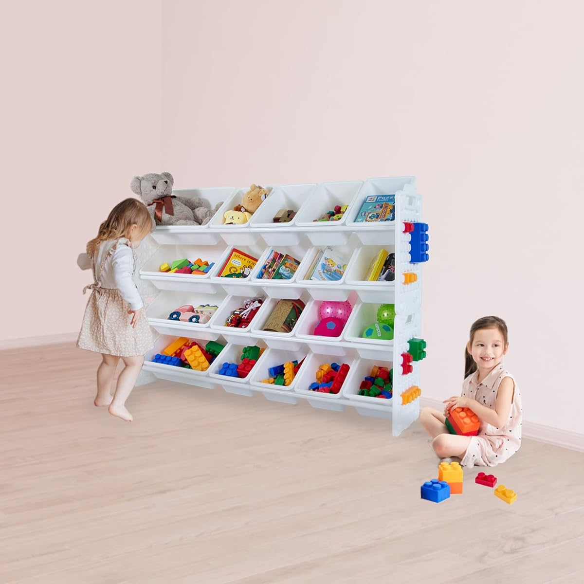 UNiPLAY Toy Organizer with 20 Removable Storage Bins, Multi-Bin Organizer for Books, Building Blocks, School Supplies, Toys with Base Plate Board Frame (White)