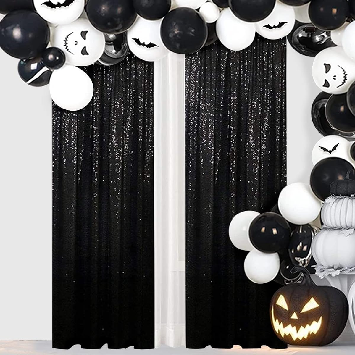 SquarePie Sequin Backdrop 2ft x 8ft 2pcs Black Background Glitter Curtains for Halloween Party