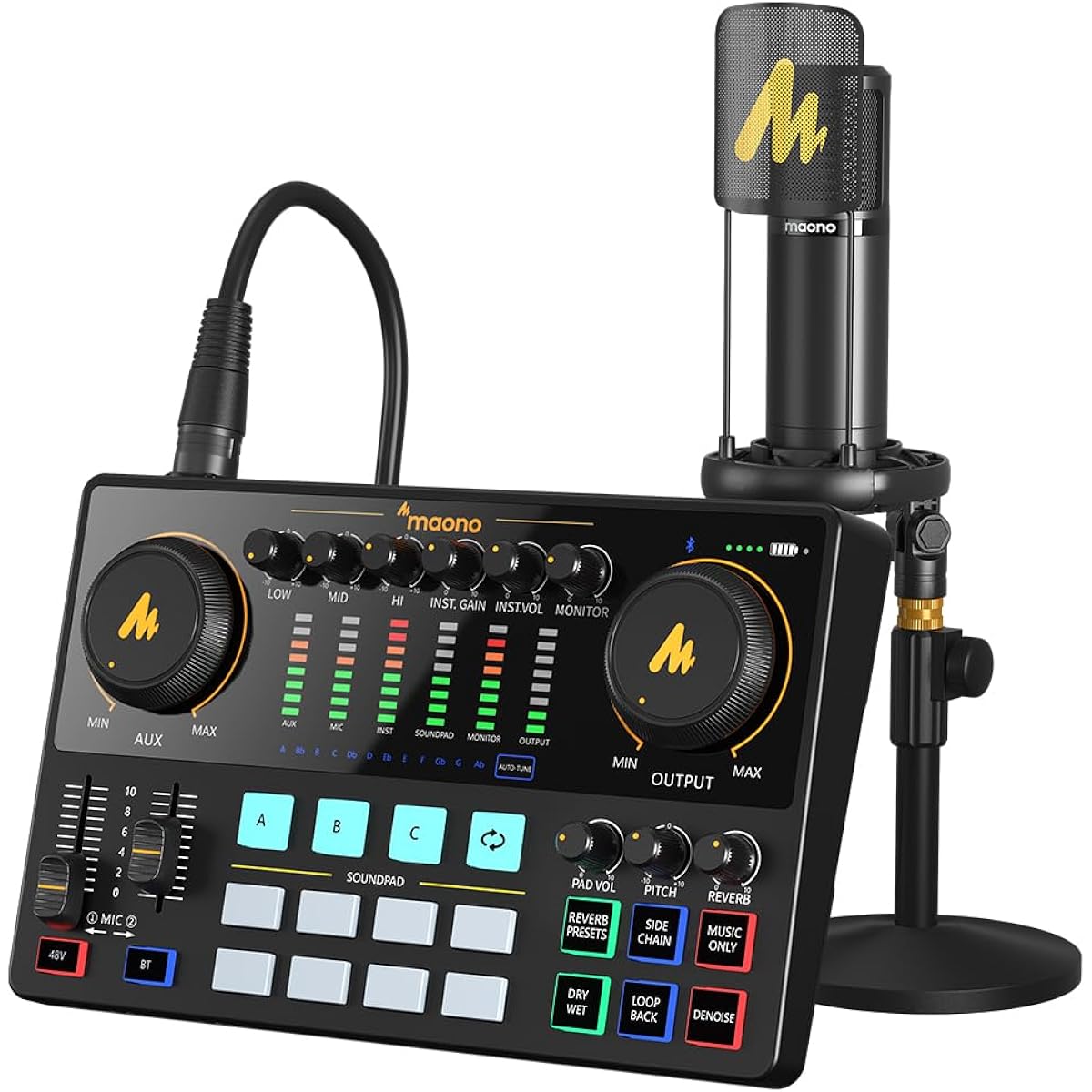 /6.35 Connection Portable All-in-One Podcast Set Compact Distribution Equipment XLR Microphone Included Suitable for Live Broadcasts on YouTube, TikTok, Facebook, etc., Guitar Practice Compatible with Android, iOS, Windows, and Mac OS (MAONOCASTER AME2A)