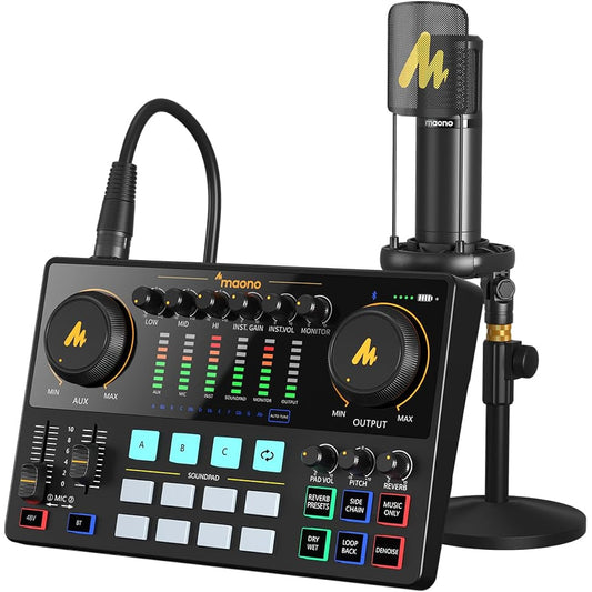 /6.35 Connection Portable All-in-One Podcast Set Compact Distribution Equipment XLR Microphone Included Suitable for Live Broadcasts on YouTube, TikTok, Facebook, etc., Guitar Practice Compatible with Android, iOS, Windows, and Mac OS (MAONOCASTER AME2A)