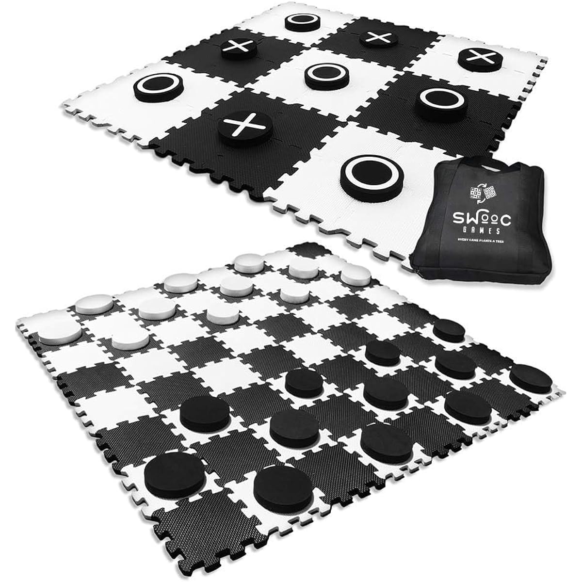 SWOOC Games - 2-in-1 Reversible Giant Checkers & Tic Tac Toe Game (4' x 4') - 100% High Density EVA Foam Mat & Pieces - Extra Large Checkers, Extra Large Checkerboard and Yard Sized Tic Tac Toss
