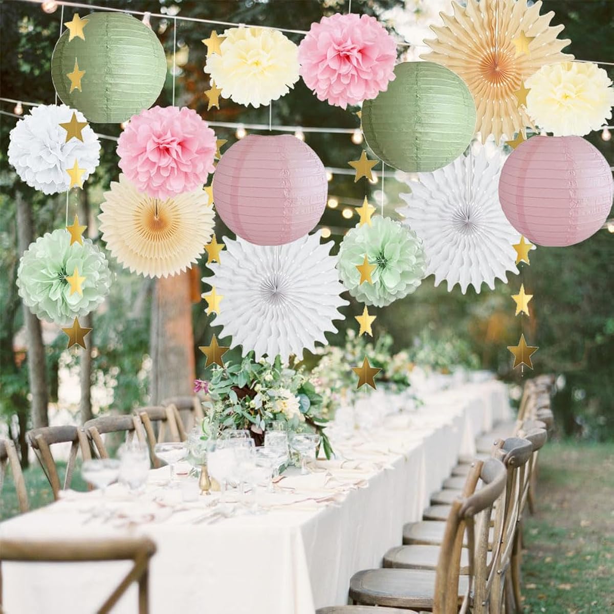 Sage Green Party Decorations Paper Lanterns Decorative Pink Tissue Paper Pom Poms Sage Green and Pink Party Decorations Gold Star Garland for Baby Shower Bridal Shower Birthday Wedding