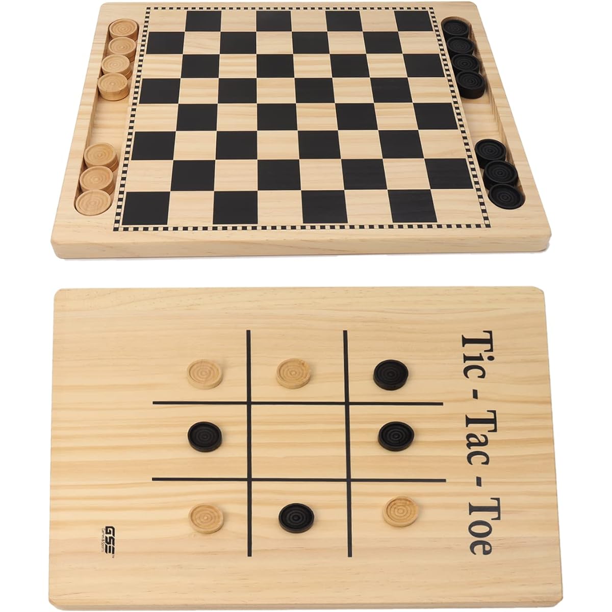 Wooden Checkers & Tic-Tac-Toe Board Game Set 2-in-1 with Wooden Pieces and Storage Slots