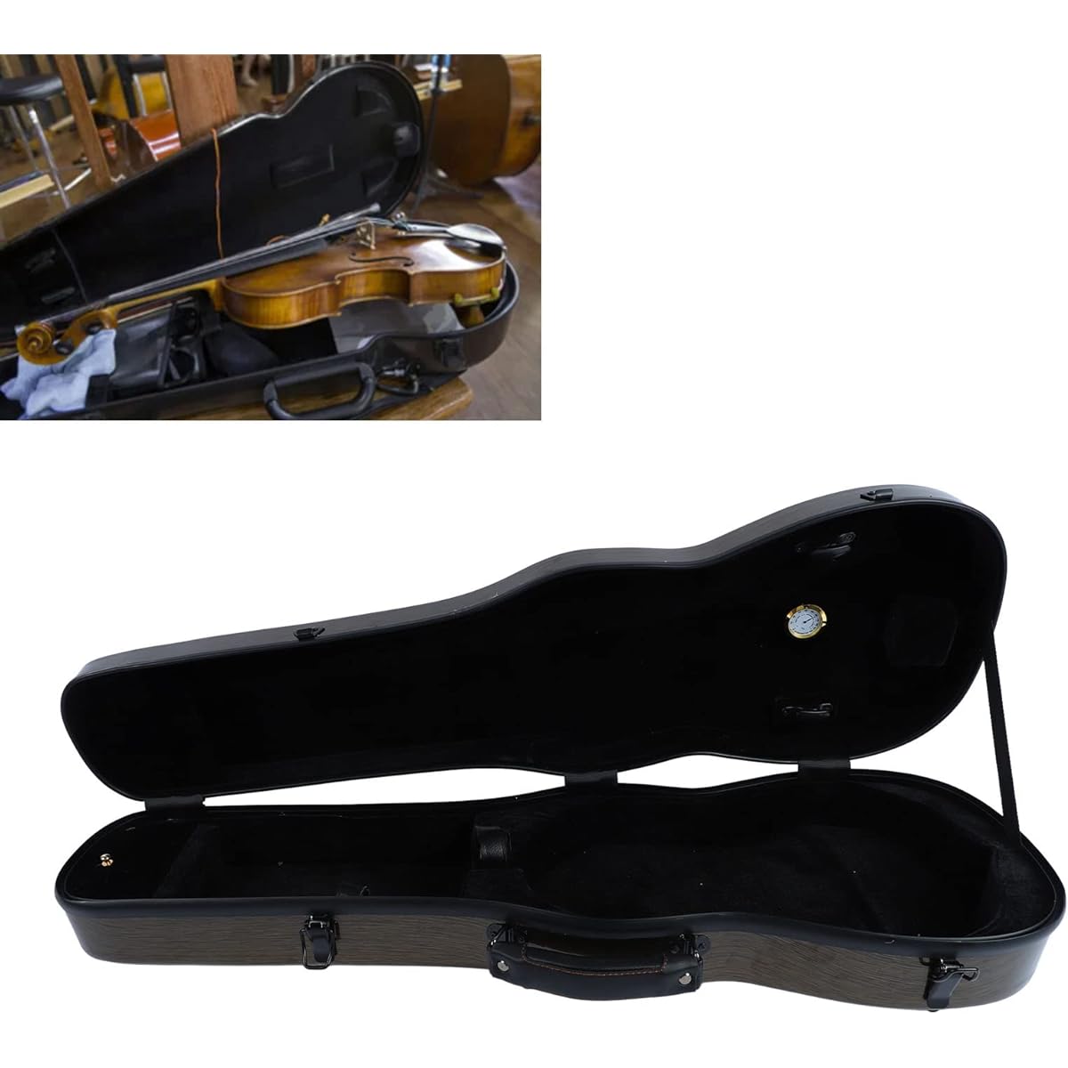 Violin Box, Carbon Fiber Lightweight Portable Hard Violin Case with Replacement Hygrometer Strap, 4/4 Full Size Carbon Fiber Violin Box (Coffee)