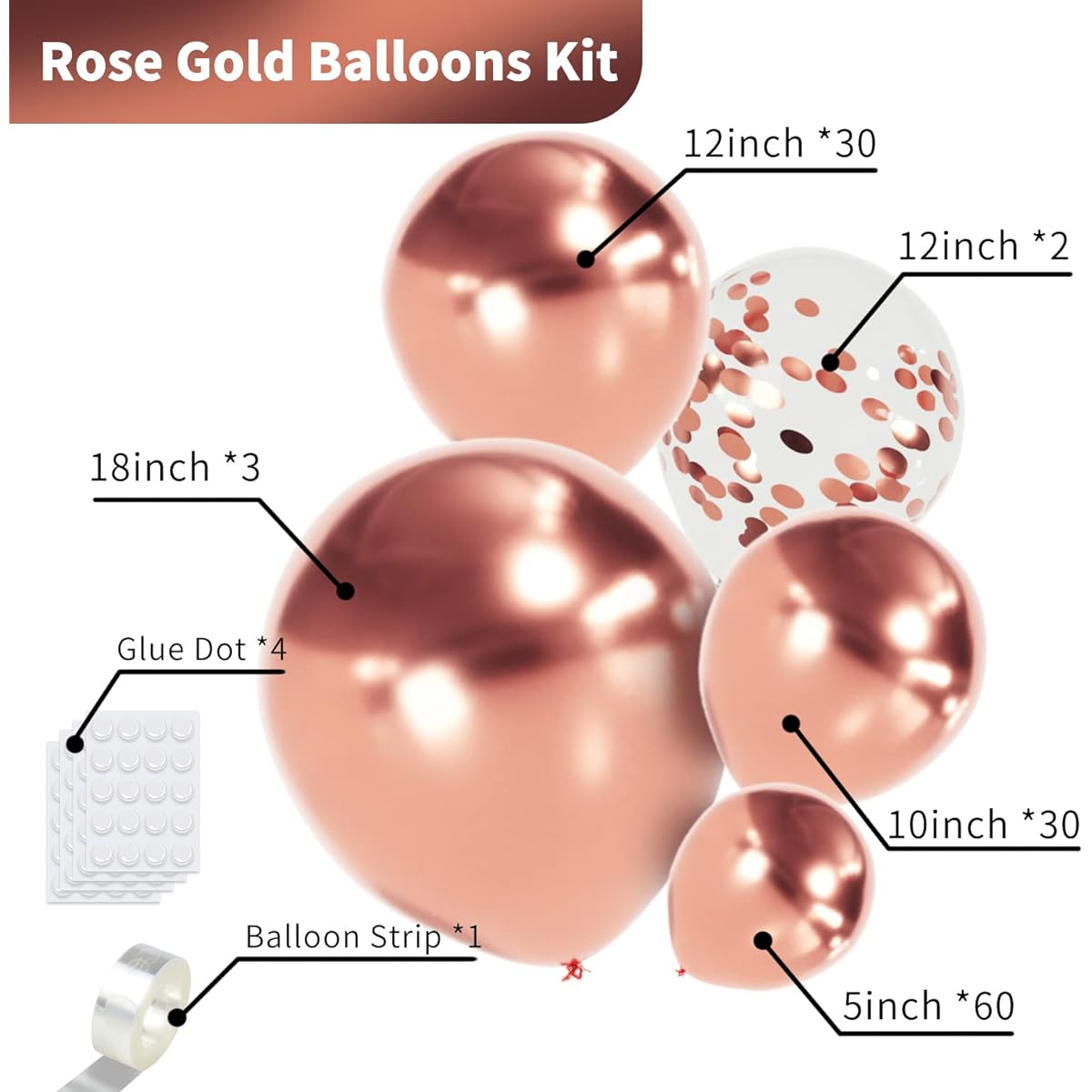 Metallic Rose Gold Balloon Garland Kit, 130pcs Chrome Balloons Different Size 18/12/10/5inch Confetti Balloons for Girls Birthday Party Graduation Wedding Rose Gold Party Decorations