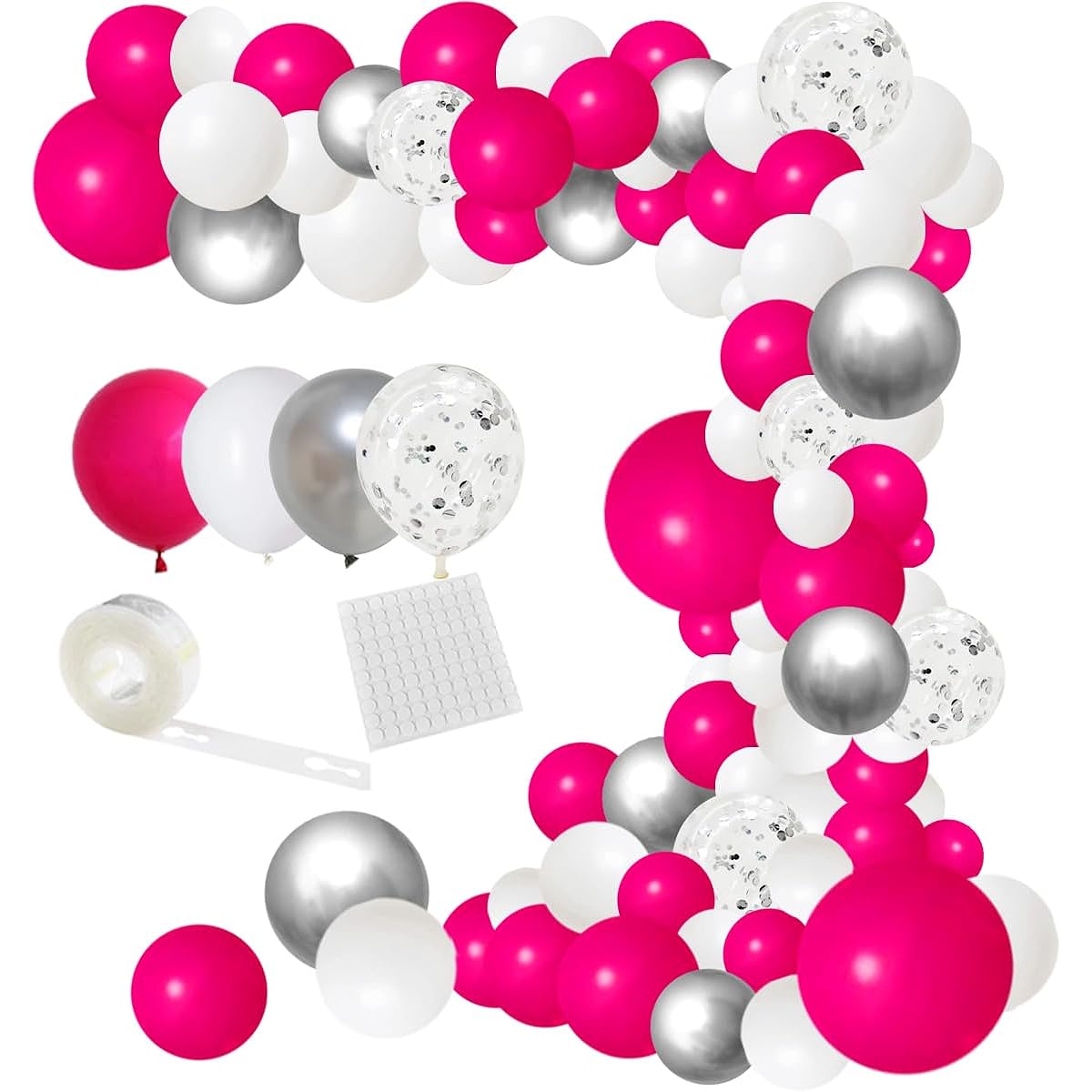Hot Pink Silver White Balloon Garland Arch Kit - 122pcs Rose Red White Metallic Silver Hot Pink Balloons for Birthday Wedding Baby Bridal Shower Anniversary Bachelorette Engagement Decorations