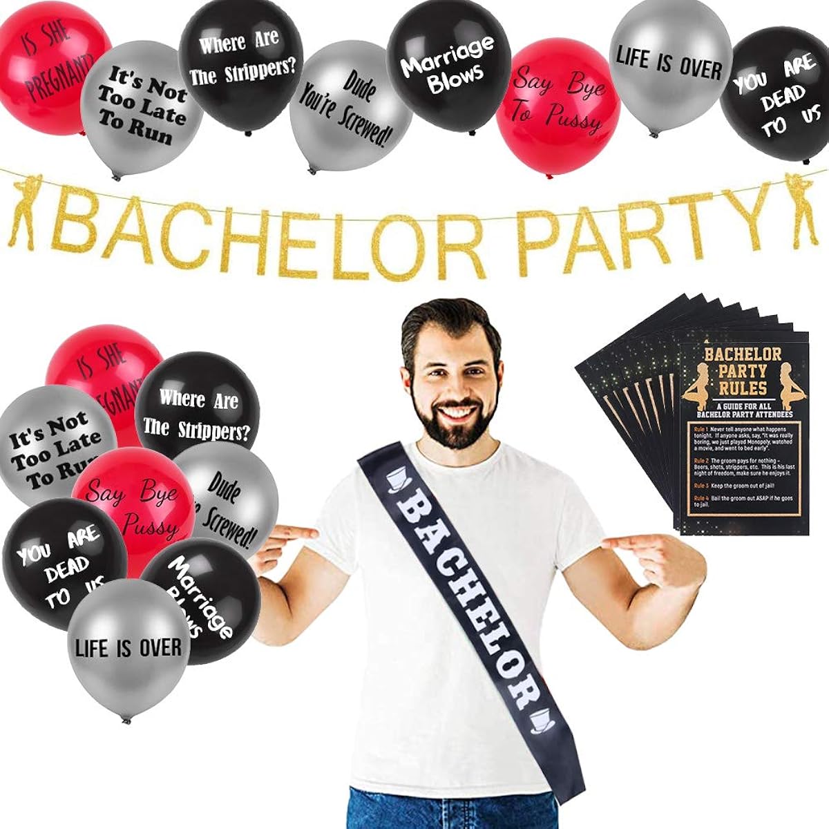 BroSash Funny Bachelor Party Decorations (Gold Bachelor Banner, Bachelor Sash, 16 Funny Party Balloons, 8 Bachelor Party Rule Cards) 26 Piece Set Bachelor Party Supplies Gifts