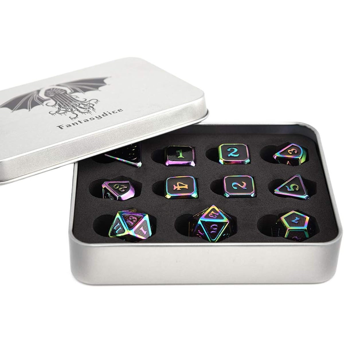 Rainbow Eldritch Cthulhu Scale Metal Dice Set 11 Polyhedral Dice with Metal Box for Dungeons & Dragons (D&D, DND 5th Edition), Call of Cthulhu, Warhammer Shadowrun, All Tabletop RPG for Game Lovers