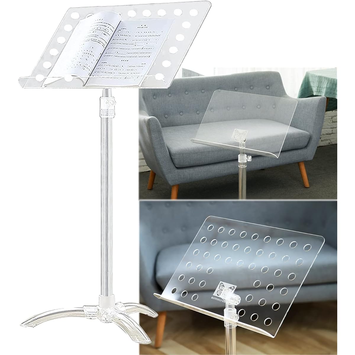 nd, music stand, adjustable angle/height, extendable, fashionable, clear, transparent, laptop stand, menu stand, desktop portable music stand, tabletop, lightweight, tripod base, for playing musical instruments, spectrum table (Color: With holes-48x35cm)