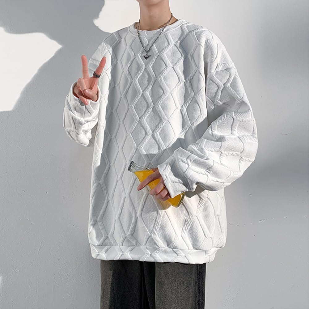 [YEOREO] Men's Sweatshirt, Long Sleeve, Large Size T-Shirt, Autumn, Winter, Plain, Loose Waffle, Stylish, Hoodie, Men's, Popular, Pullover, Round Collar, Spring, Autumn, Winter