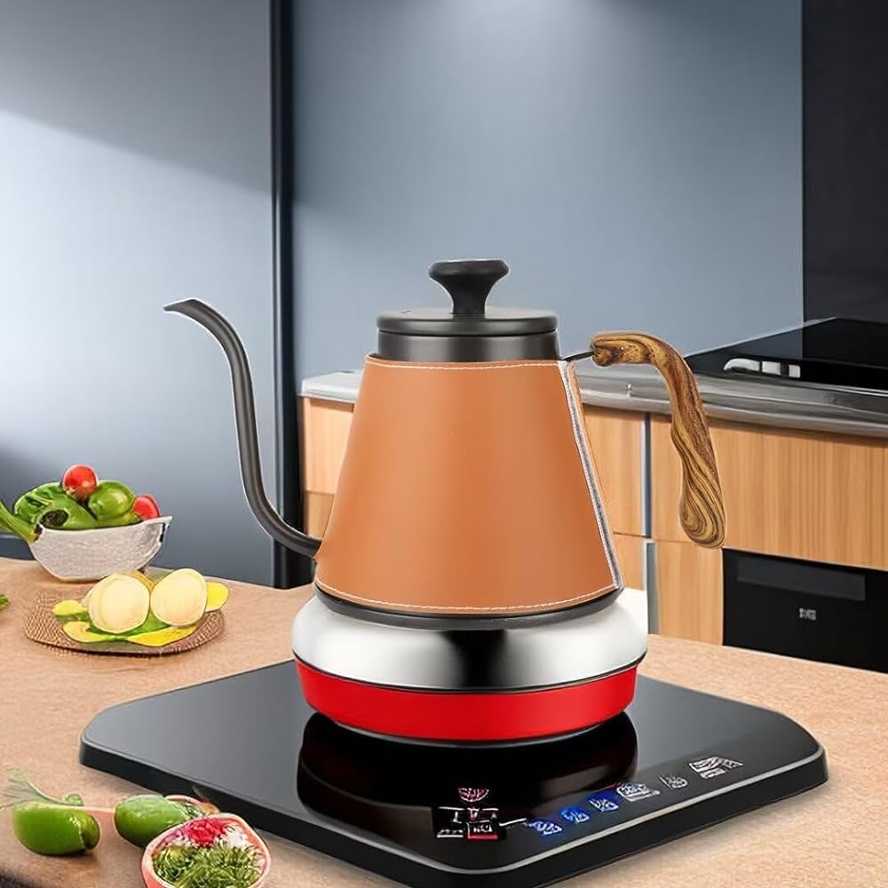 NUBAGO Coffee Kettle, Narrow Mouth, 1200ML, Coffee Pot, Drip Pot, Stainless Steel, Drip Kettle, Open Fire, IH Compatible, Camping, Kettle, Leather Cover, Thermometer Included, Kettle, Stylish, Coffee Drip Pot, with Lid, For 4 People, Bottom Diameter 14.3