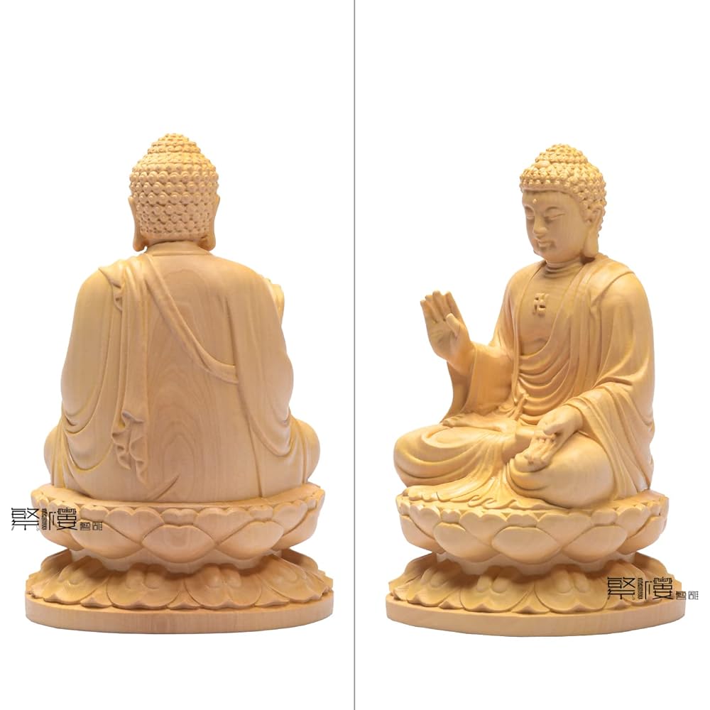 Hanro Art Sculpture Buddha Statue Shaka Nyorai Soto Zen Buddhism Rinzai Buddhism Buddhist Altar Buddha Statue Wood Carving Tsuge Tree Lotus Plate Pray Warm Off Evil (Height 13cm x Width 8cm x Depth 7.5cm) (Log)