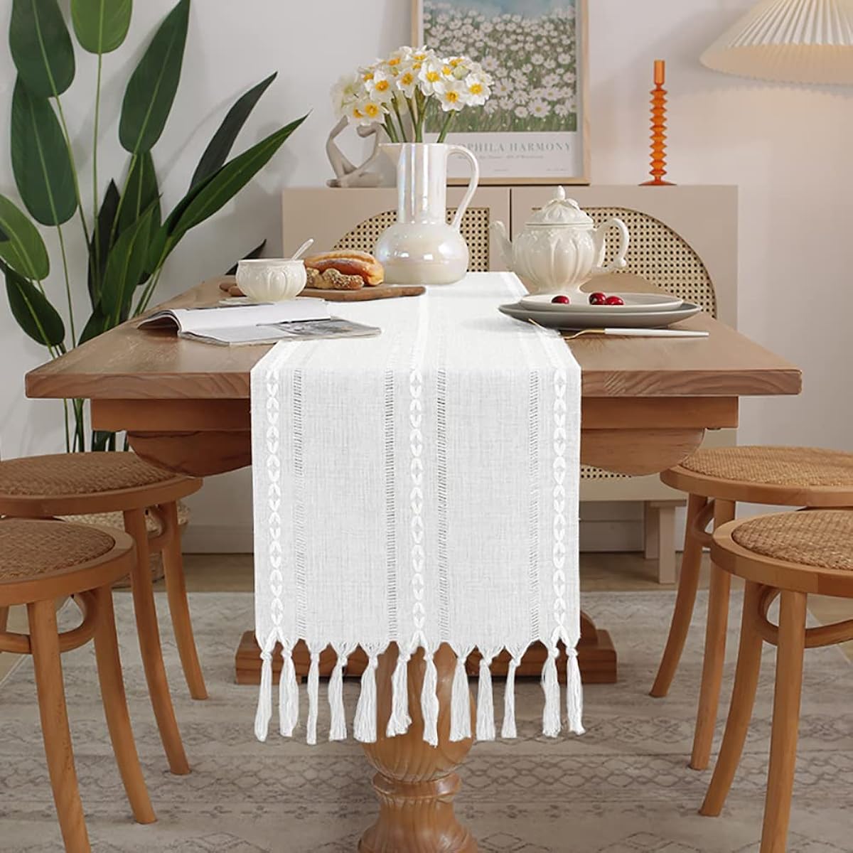 BushWalk Braided Table Runner, Woven Tassel Macrame Table Runner for Dining Room Tabletop Outdoor Rectangular Table Cover Party Decor (13 x 90 Inch, White)
