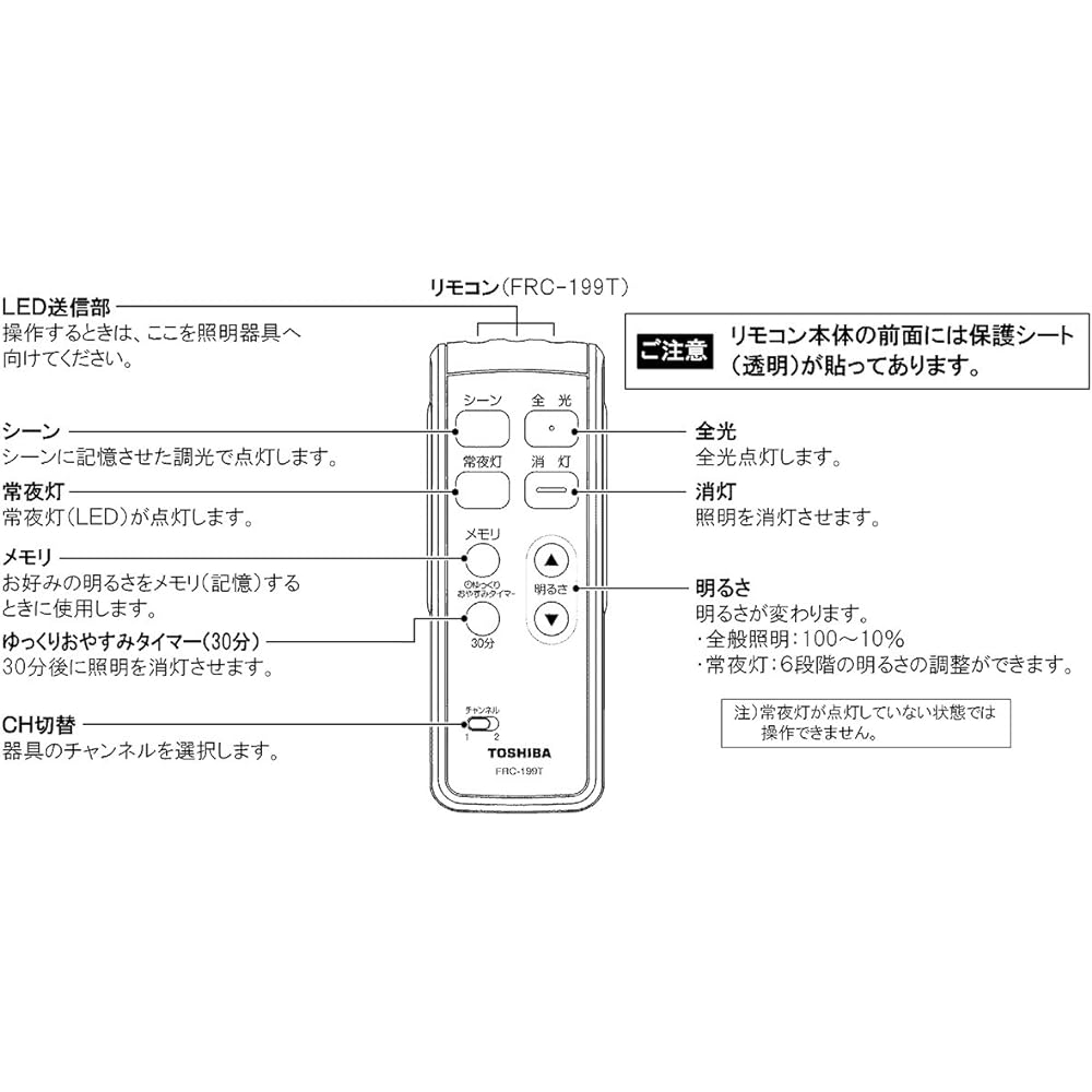Toshiba Lighting Remote Control for LED Ceiling Light, Battery Included, Single Color Continuous Dimming FRC-199T