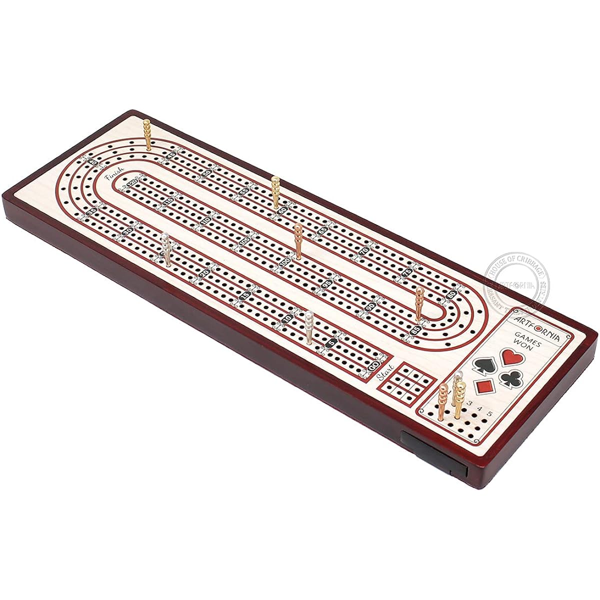 House of Cribbage - Artfornia Series - Wooden Cribbage Board Alphabet E Shape 3 Consecutive Tracks with Peg Storage Drawer