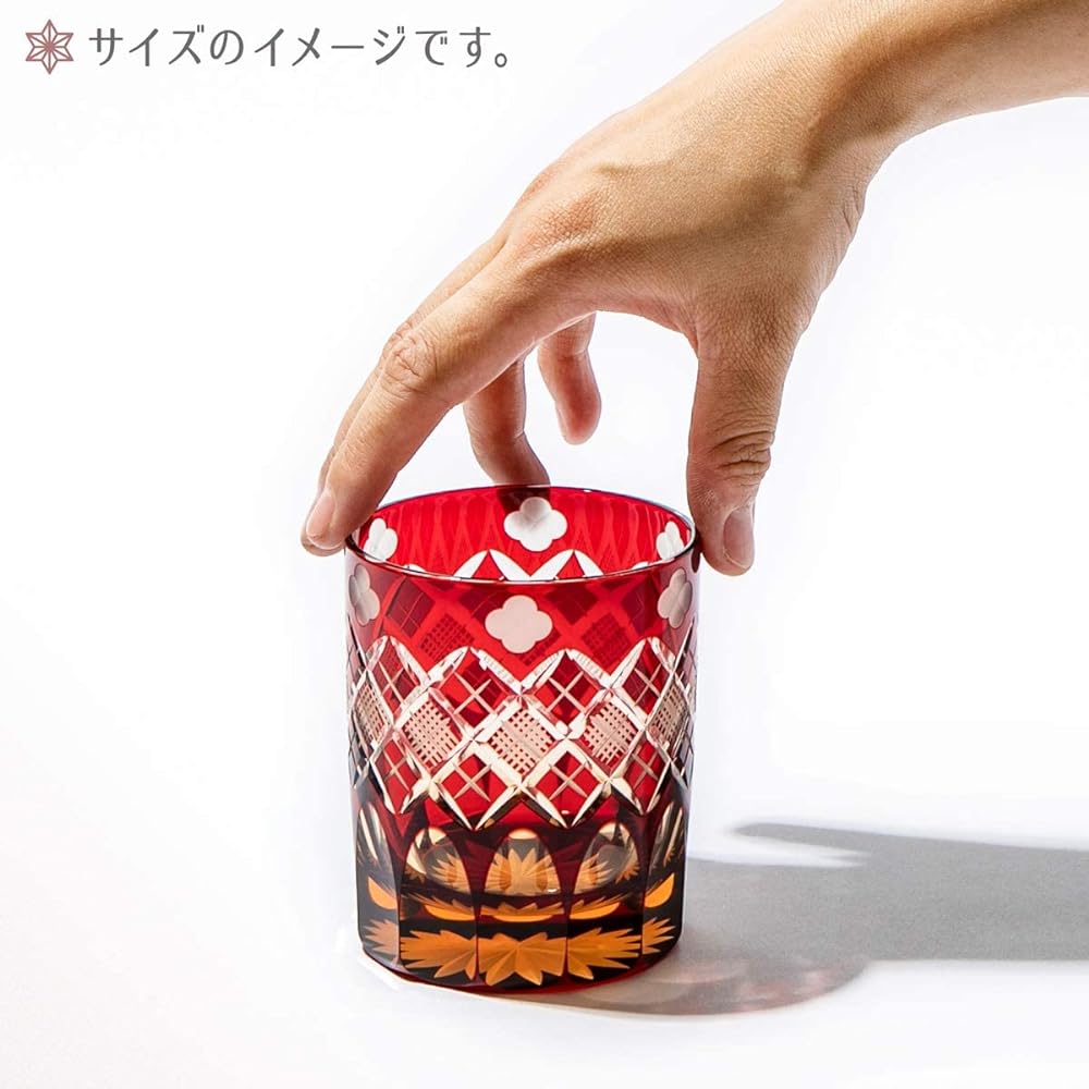 [Taimuro Kobo Official] Edo Kiriko Quatrefoil with Yarai Fish Crest Old Glass (Amber Red) TB94429AR Wooden Box Made in Japan