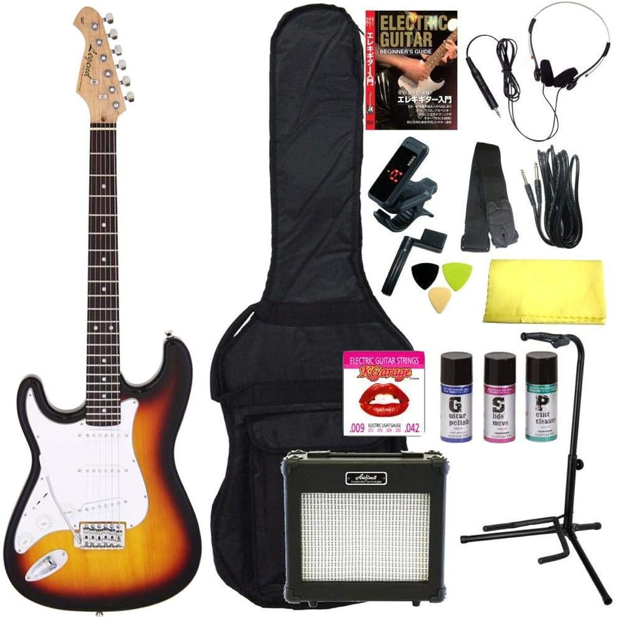 [Perfect 16-piece set/ARIA 6W amplifier] Legend LST-Z L/H 3TS (3 Tone Sunburst) Left-handed Stratocaster electric guitar beginner set