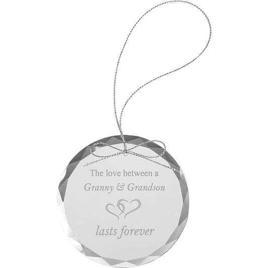 The Love Between A Granny & Grandson Lasts Forever Laser Engraved 3-1/4" Etched Handmade Christmas Round Clear Etched Crystal Glass Circle Inspirational Christmas Ornament with String