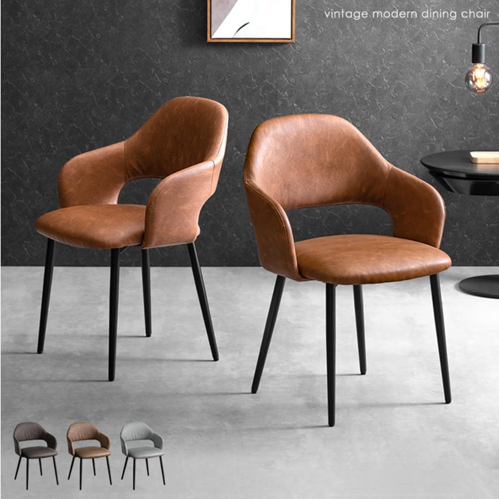 Tansu no Gen Dining Chair [Set of 2] With Arms, Cushion Seat, Aging Process, Dining Chair, Simple, Modern, Leather Style, Retro Camel 83200002 (85116)