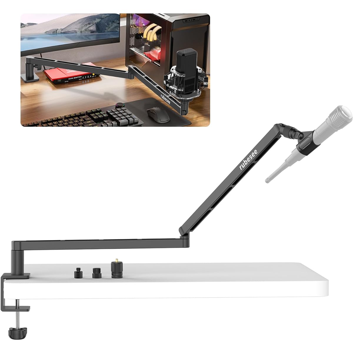 rubesee Low Profile Microphone Boom Arm Adjustable Stick Mic Arm Stand with Desk Mount Clamp/Screw Adapter/Mic Clip, Fully Rotatable Aluminum Low Arm for Podcasting/Streaming/Gaming/Office