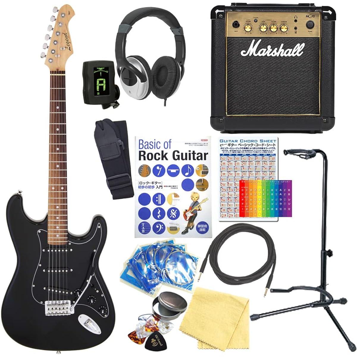 Electric guitar beginner set, Stratocaster type, 15-piece set with Marshall amp, Legend LST-Z BBK