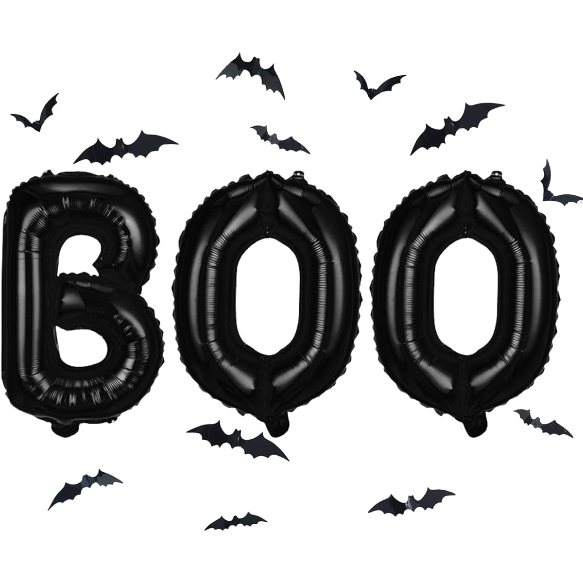 BOO Foil Balloon Set with 3D PVC Bats Black 16" Halloween BOO Banner Balloon Kit with 12 Fake Bats Boo Mylar Letter Balloons Horror Halloween Night Party Decoration Supplies