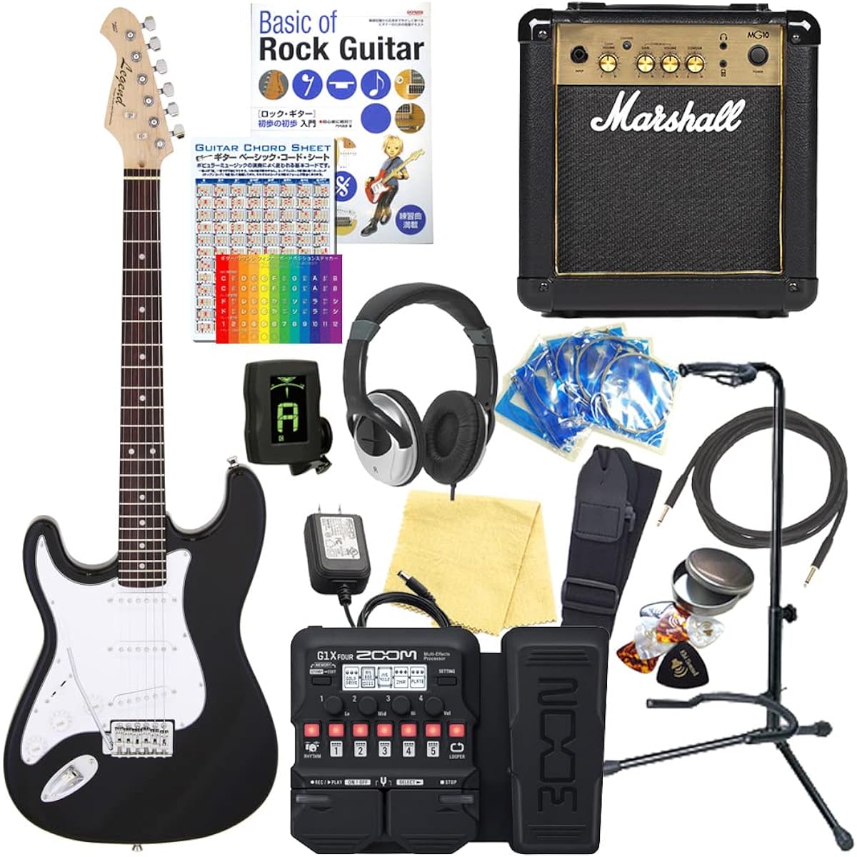 Electric guitar for left-handed beginners, Stratocaster type, 18-piece set with Marshall amp, Legend LST-Z LH BK [ZOOM G1XFour multi-effector included]
