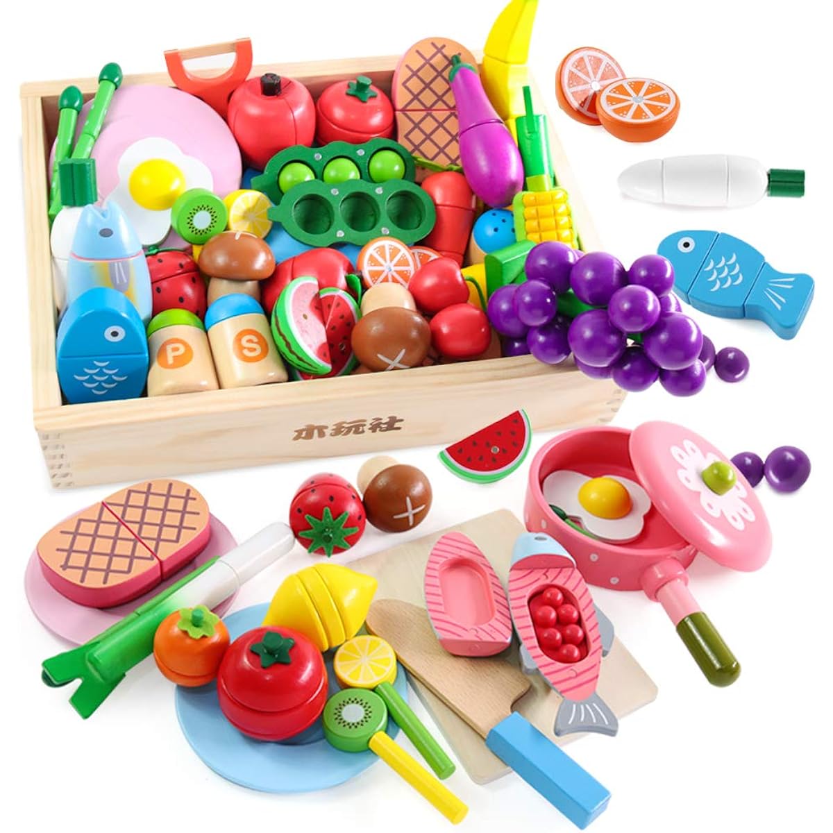 Mokkansha's Pretend Play Montessori Educational Toy Natural Wood Meat & Fish & Fruit & Tableware Set Food Sanitation Law Inspected Building Blocks Assembling & Cutting Wooden Toy Tableware Box Boys Girls Birthdays Kindergarten Entry Gifts