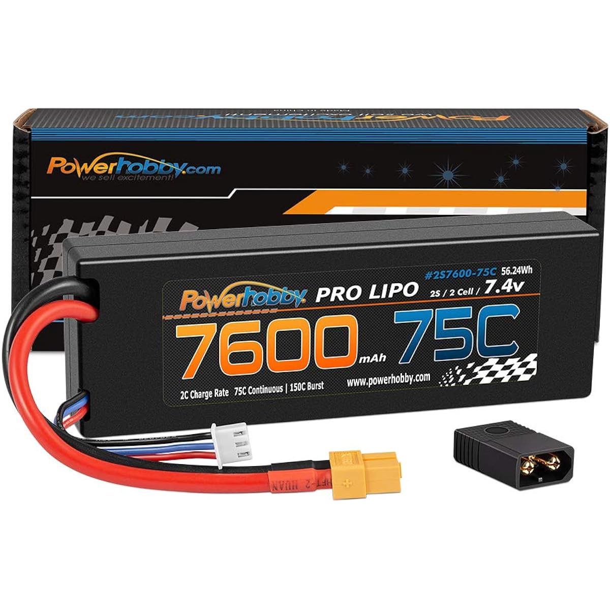 Hobbypower Powerhobby 2s 7.4v 7600mah 75c Lipo Battery with XT60 Plug + Traxxas Adapter Compatible with: Slash 4x4 4WD 2WD Stampede Rustler E-Revo E-Maxx Spartan M41 X-Maxx Brushless VXL