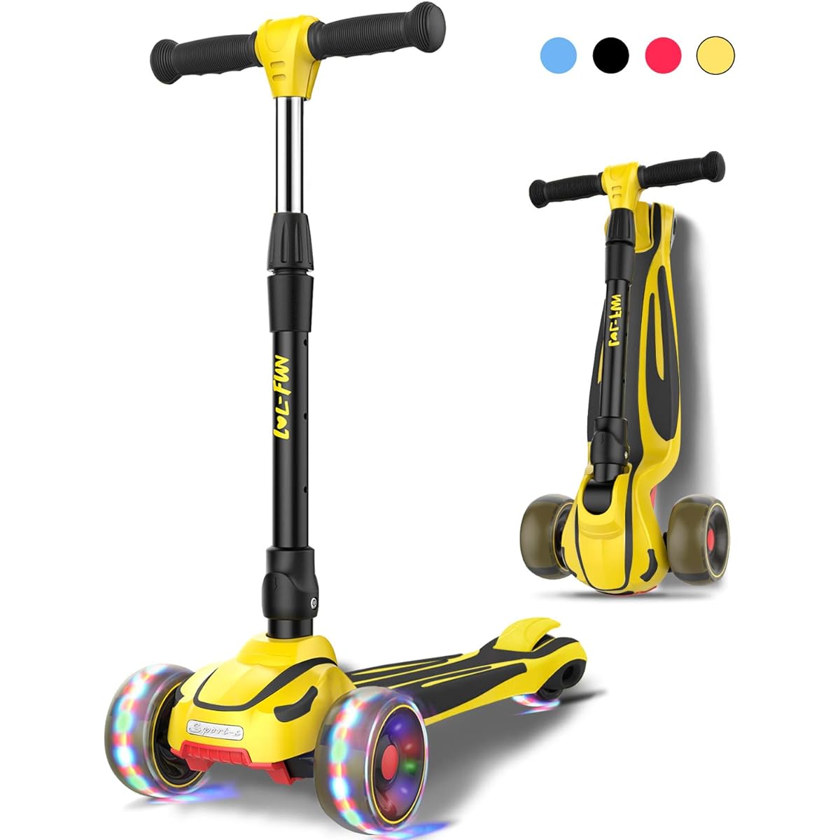 LOL-FUN Toddler Scooter for 3-12 Years Old Boys and Girls, 3 Wheels with LED Lights, Extra Wide, Foldable Kick Scooter for Kids, Ages 3-5, 4 Levels, Adjustable Height, Easy Tilt - Austin Yellow